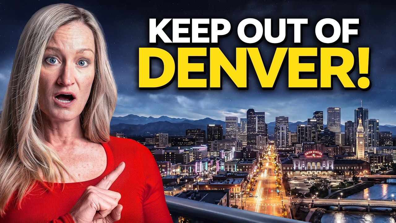Woman pointing beside bold text “KEEP OUT OF DENVER!” over a city skyline at dusk