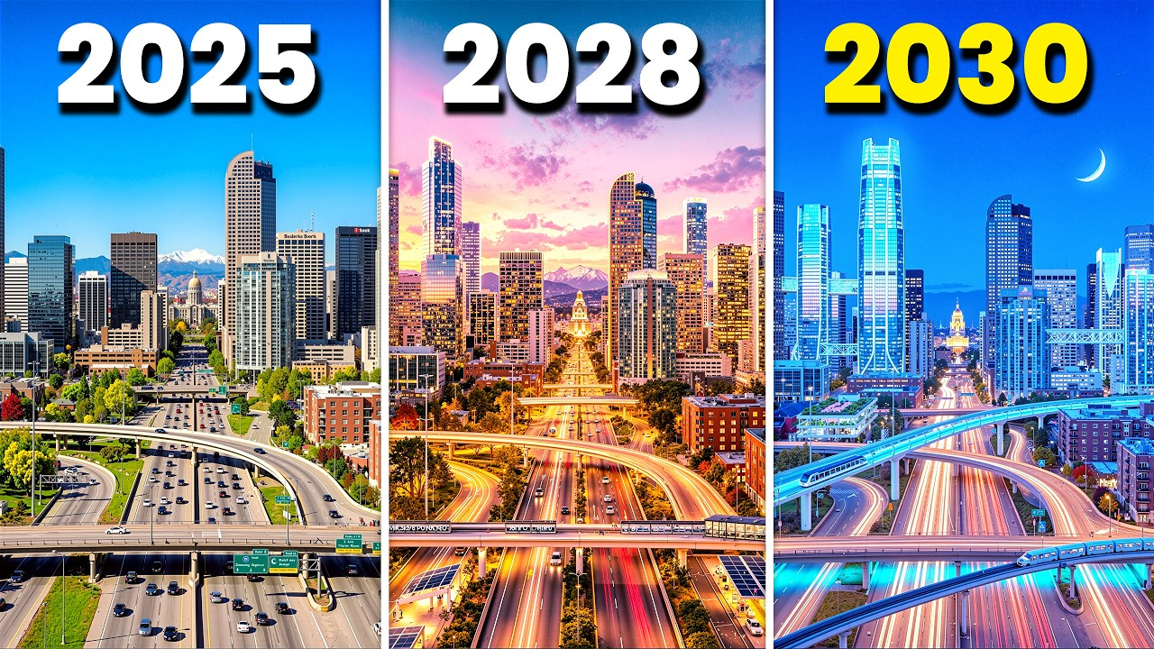 Three city skyline panels labeled 2025, 2028, and 2030 with colorful futuristic urban scenes