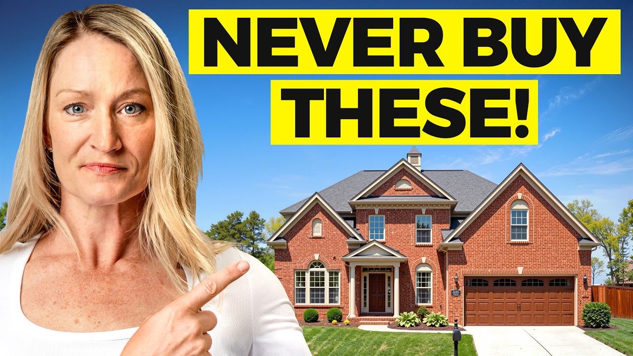 Woman points at a brick house beside bold text: “NEVER BUY THESE!”