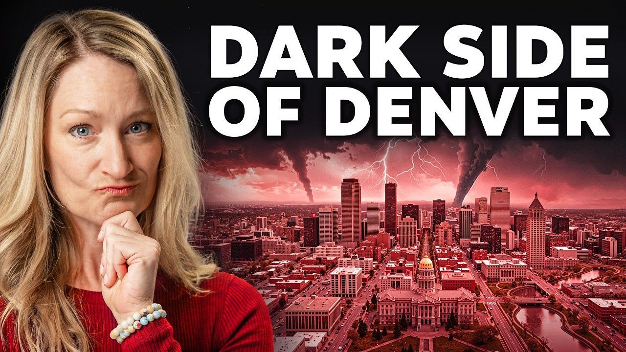 Woman in red sweater before Denver skyline, with bold text “DARK SIDE OF DENVER” and dark red sky.