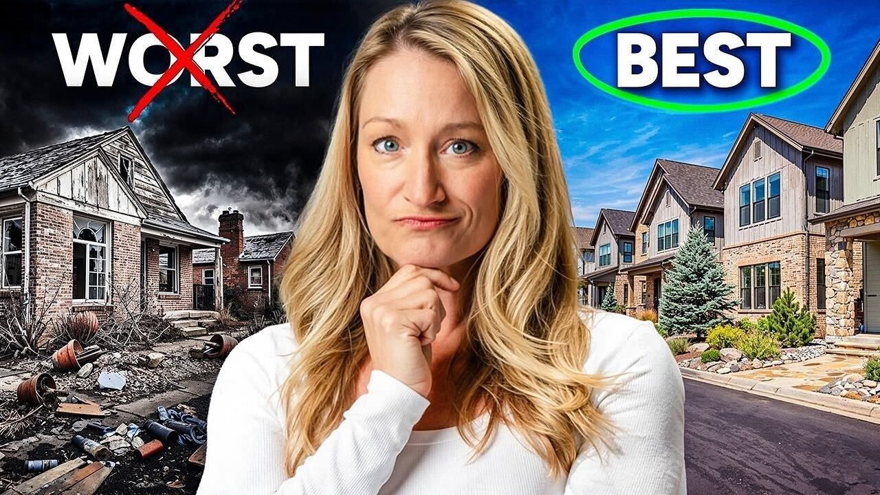 Woman centered between “WORST” fire-damaged house and “BEST” renovated homes in a neighborhood comparison scene