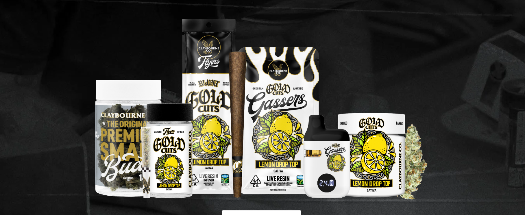 products from clayborne cannabis co, jars and packaging of cannabis on a black background