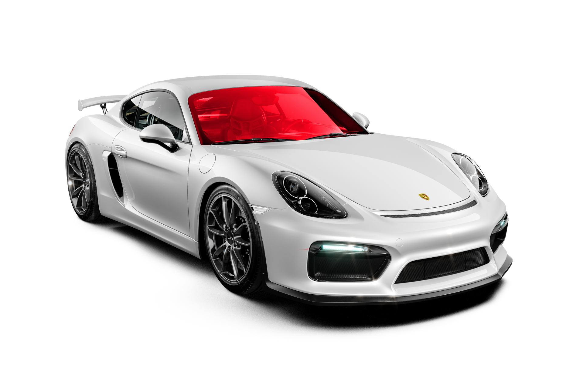 White sports car on a white background, angled front view with blue-tinted windshield.
