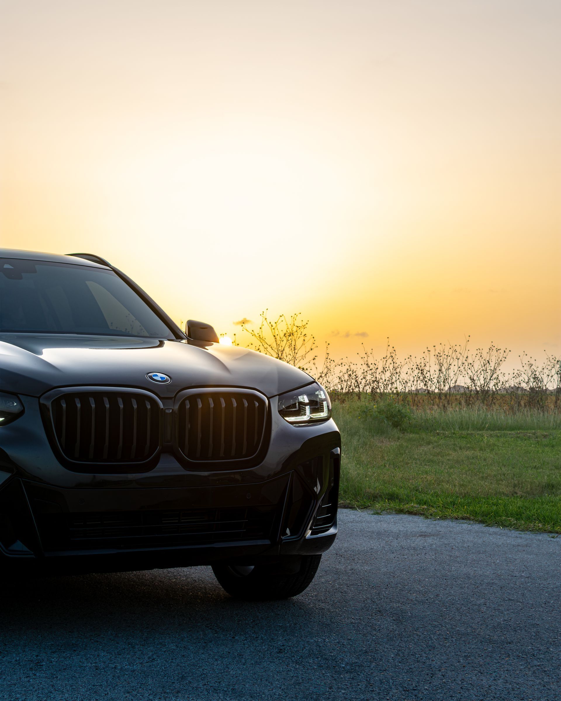 Black BMW SUV parked on a road at sunset, with a grassy field and warm sky in the background