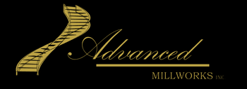 Gold stylized staircase logo with “Advanced Millworks Inc.” on a black background