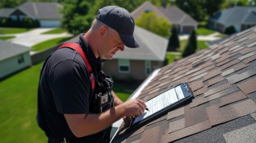 Technician inspecting roof shingles with a clipboard on a sunny suburban house roof.