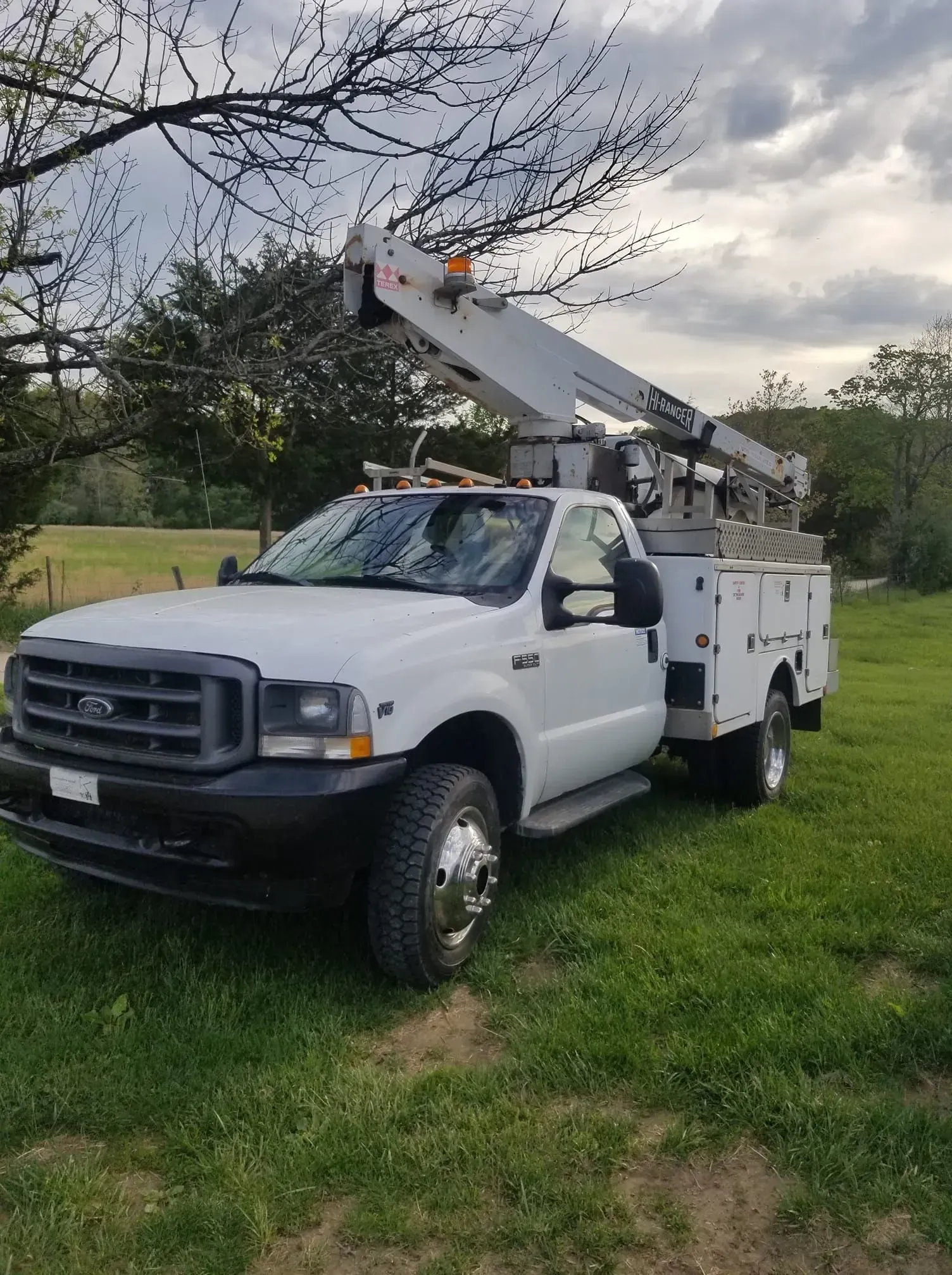 White Ford F-350 utility truck with an extended boom parked on grass under a cloudy sky.