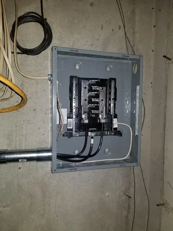 Electrical panel mounted on a concrete wall; black wiring and metal conduit visible.