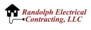 Logo of Randolph Electrical Contracting, LLC. A black house with a plug connected to it and burgundy text.