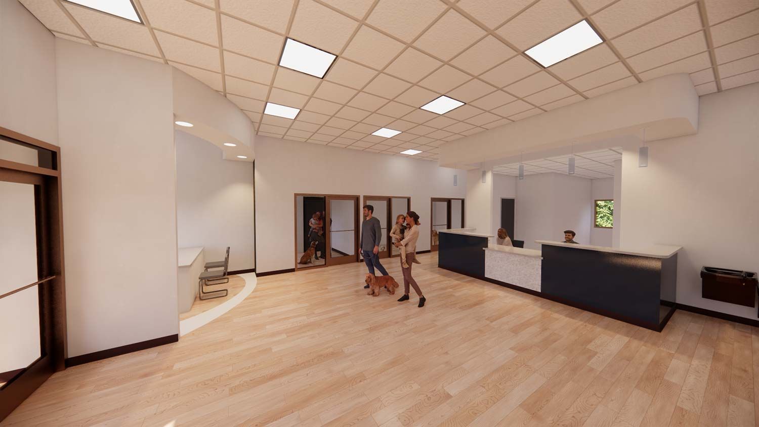 Spacious empty office lobby with wood floor, reception desk, and ceiling lights; a person stands near the back.
