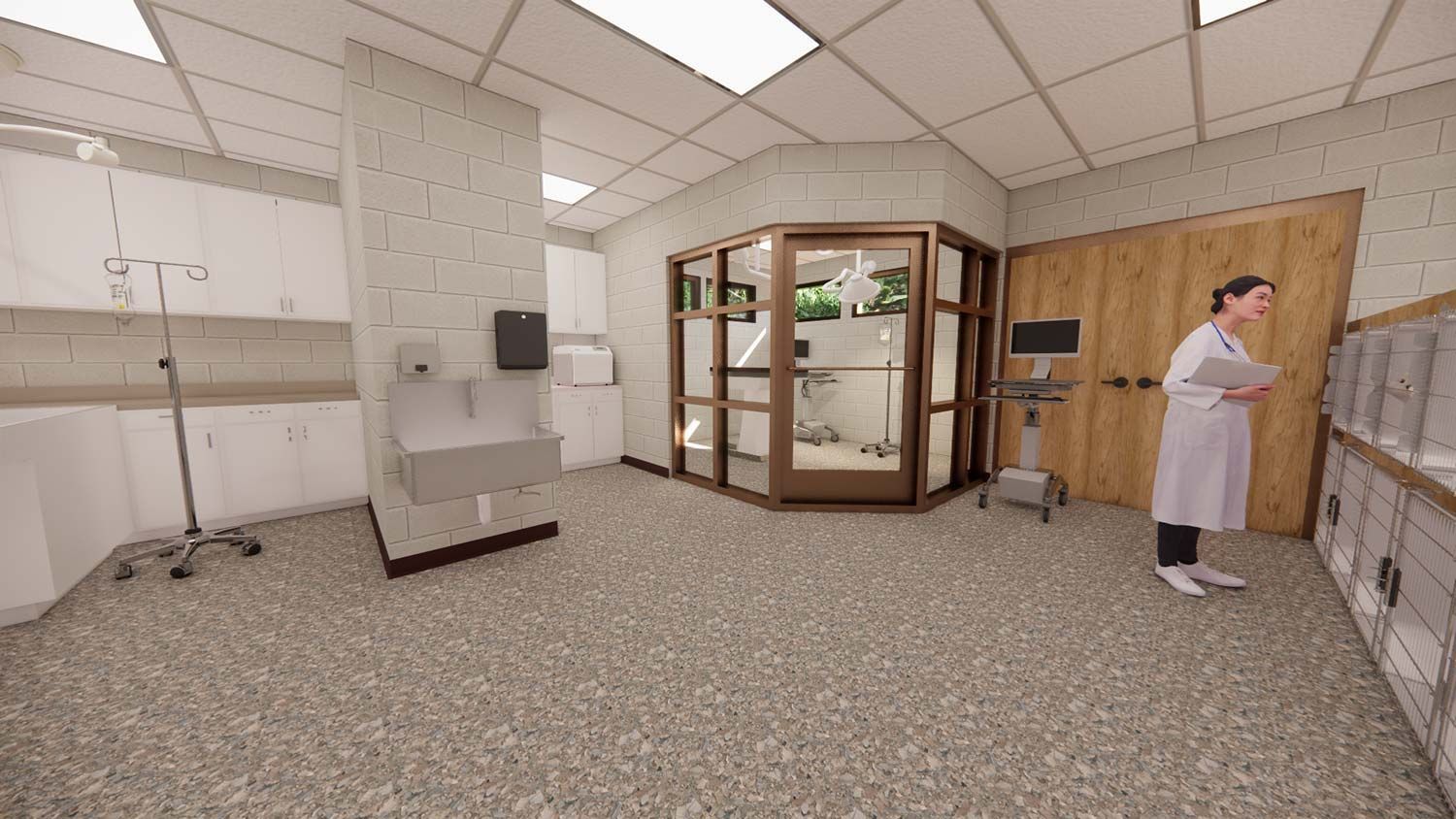 Clinical room with a lab coat-clad person standing by a wooden door and glass display cabinet.