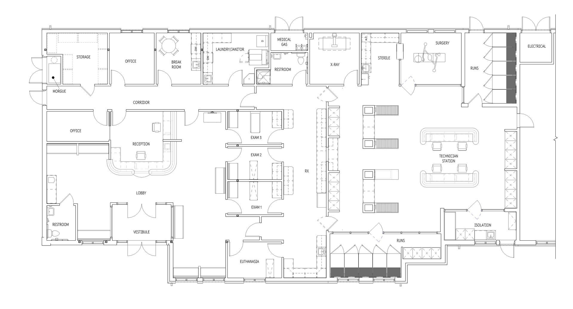 Black-and-white architectural floor plan of a building with labeled rooms, hallways, and furniture layouts