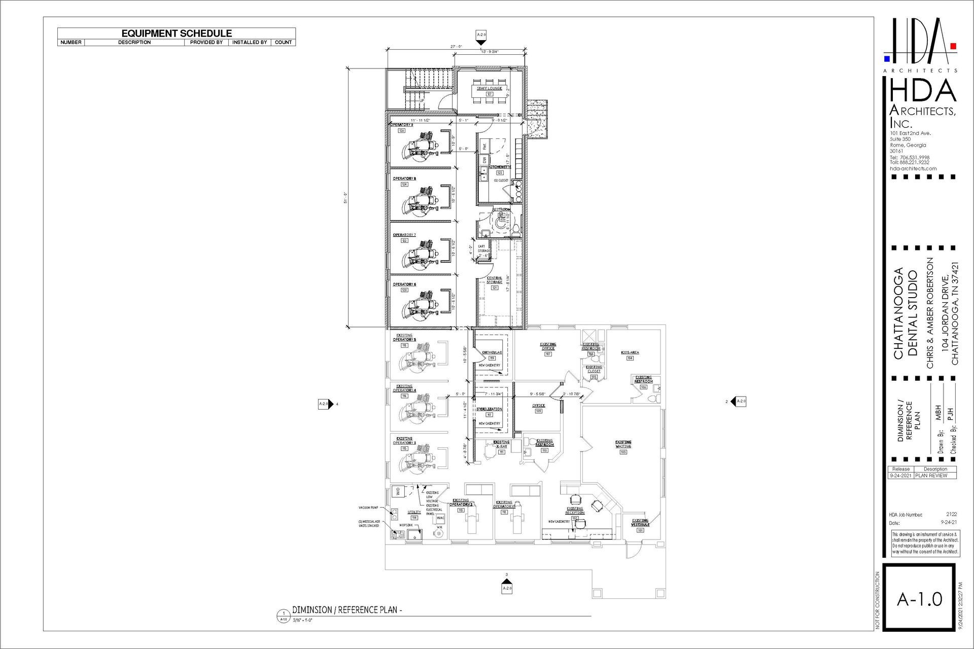 Architectural floor plan with labeled rooms and an HDA title block on the right