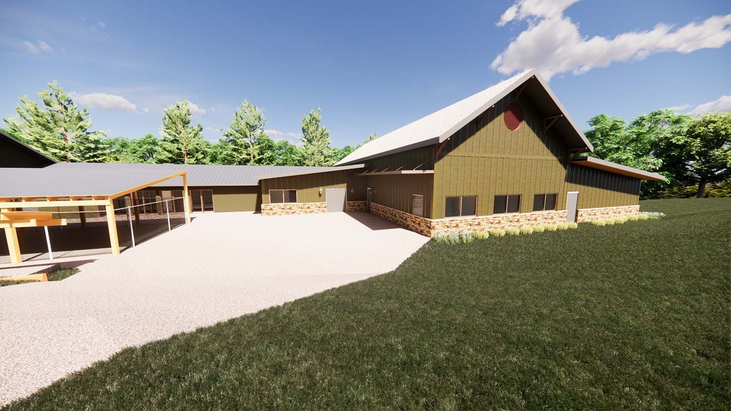 Modern lodge-style building with a sloped roof, gravel courtyard, and green lawn under a blue sky