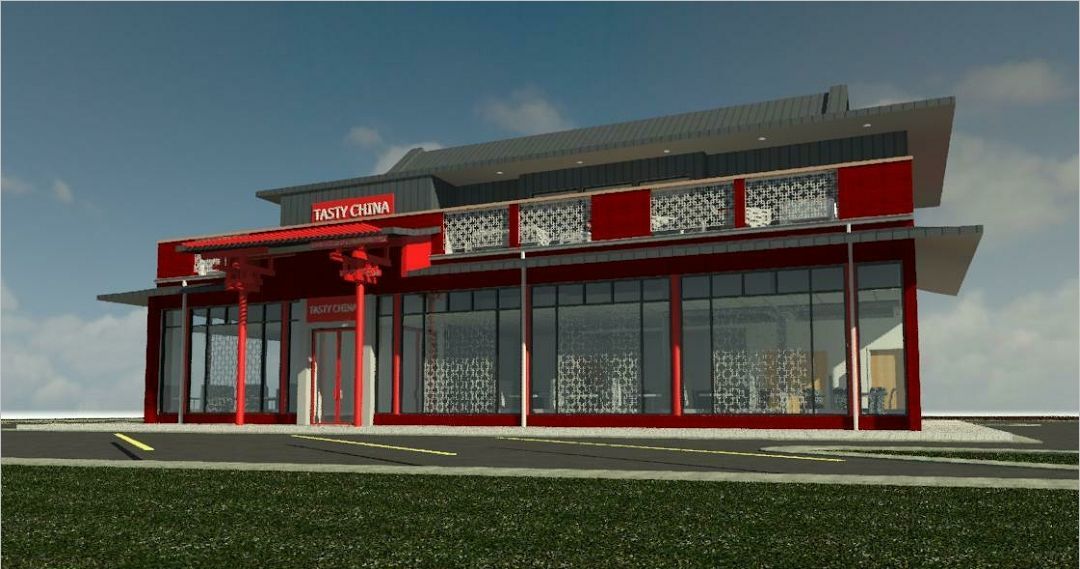 Modern red-and-gray storefront with large glass windows under a clear sky