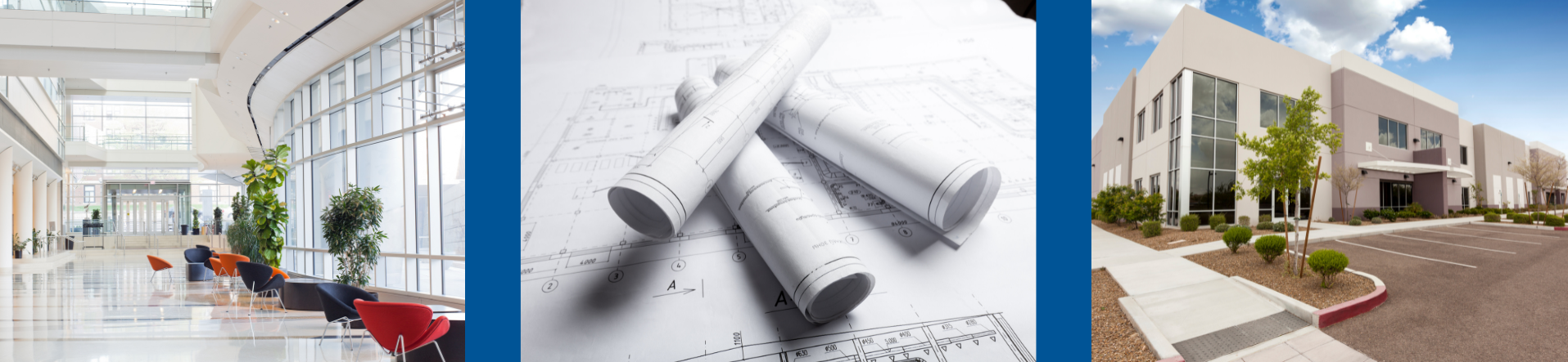 Modern office collage: bright lobby, rolled blueprints, and a white office building exterior