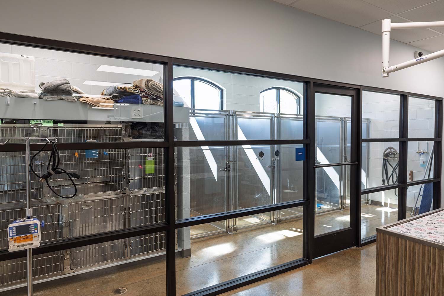 Glass-walled animal enclosure inside a modern indoor facility, with cages and equipment visible inside.