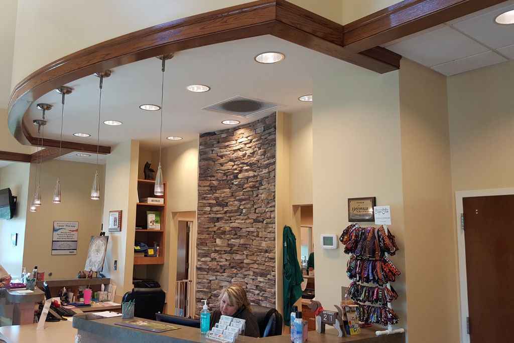 Reception and retail lobby with exposed stone accent wall and wood beam ceiling at Animal Medical Clinic Huntsville