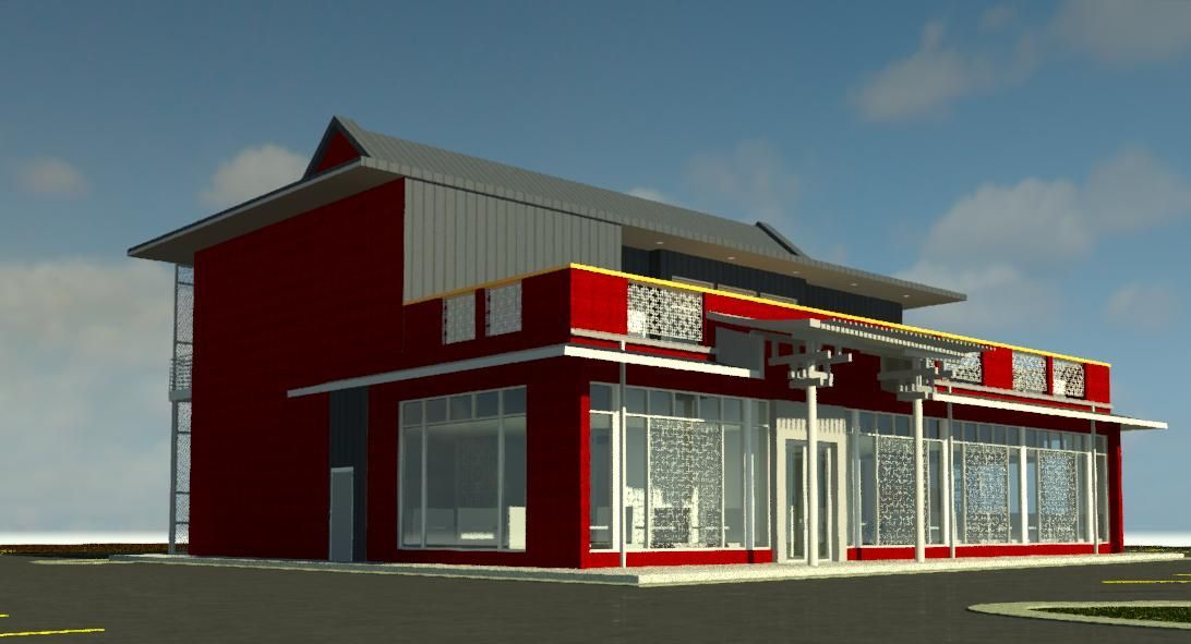 Modern red-and-white commercial building with large glass windows and a flat canopy￼