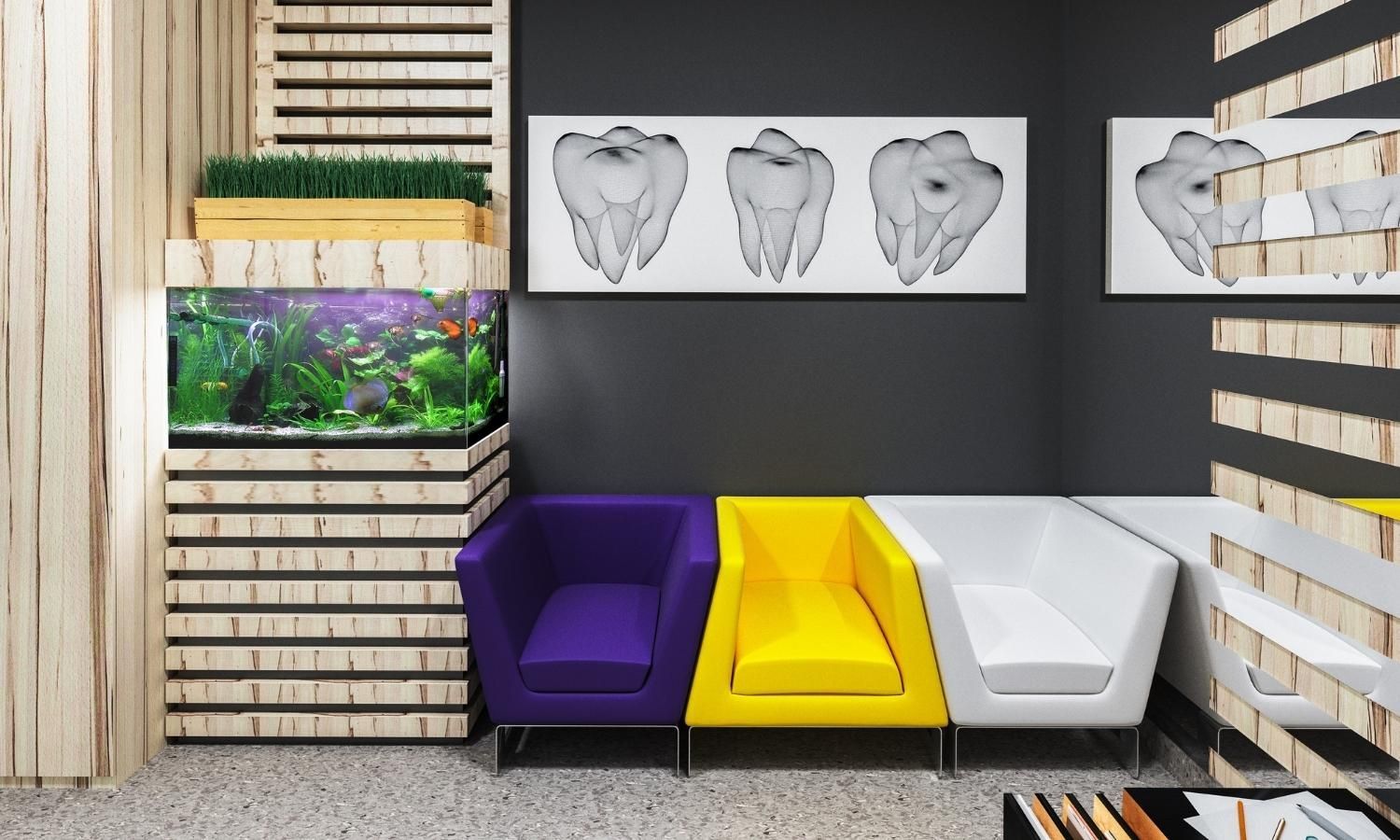 Modern waiting area with purple, yellow, and white chairs, wall art, and a fish tank against slatted wood walls.