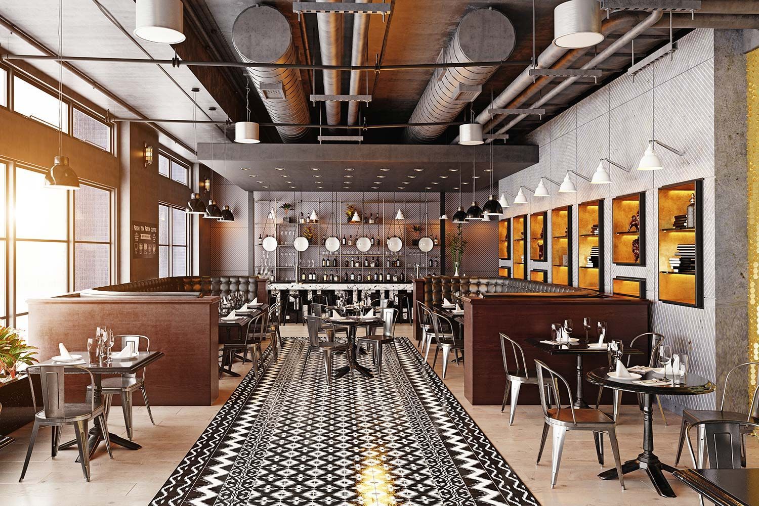 Stylish café interior with patterned floor, wooden tables, and warm lighting under exposed ceiling pipes