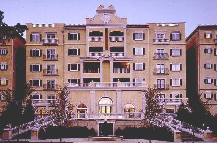 Exterior front facade of Windsor at Midtown Atlanta multifamily residential building with decorative architecture and entrance