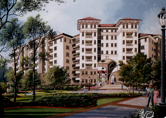 Painted rendering of a multi-story apartment building with trees, lawn, and a walkway in front