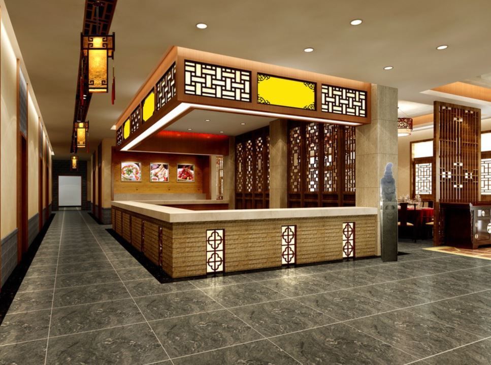 Empty restaurant counter in a modern Asian-style interior with warm wood panels and patterned decor