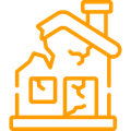 A line drawing of a broken house with a chimney.