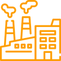 An orange icon of a factory with smoke coming out of the chimneys.