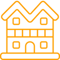 A line drawing of a house with two floors and a roof.