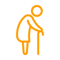 A line drawing of an elderly woman holding a cane.