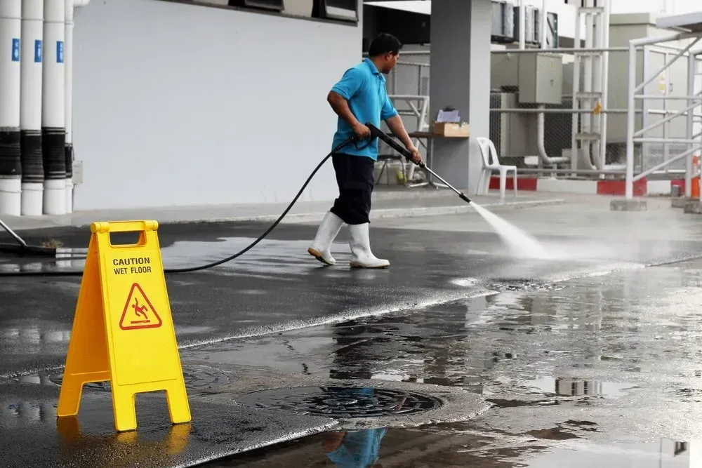 A Man is Using a High Pressure Washer to Clean a Wet Floor — North Coast Line Marking in Talofa, NSW