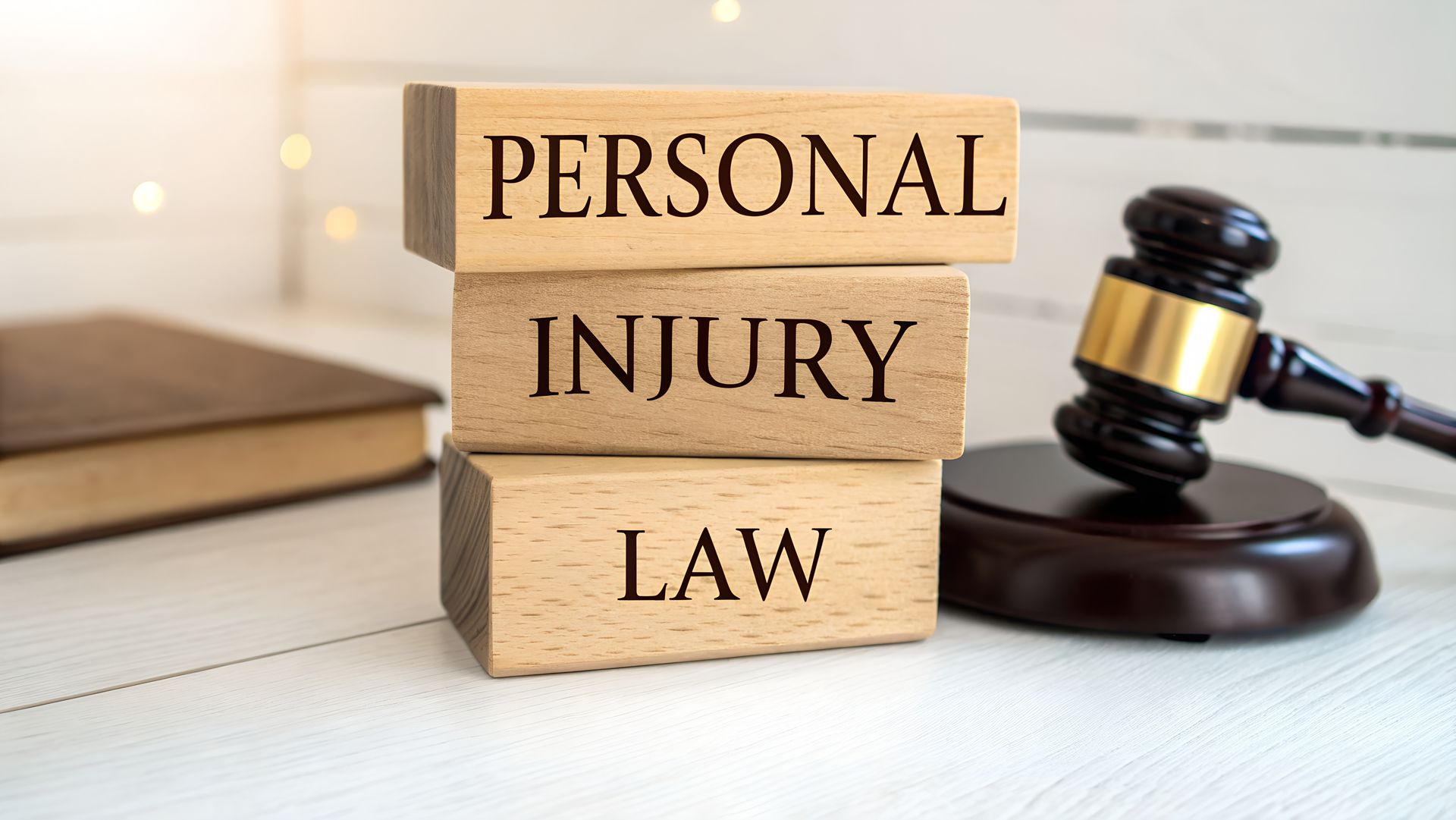 Wooden blocks stacked with text of personal injury law next to a judge's gavel and a book.
