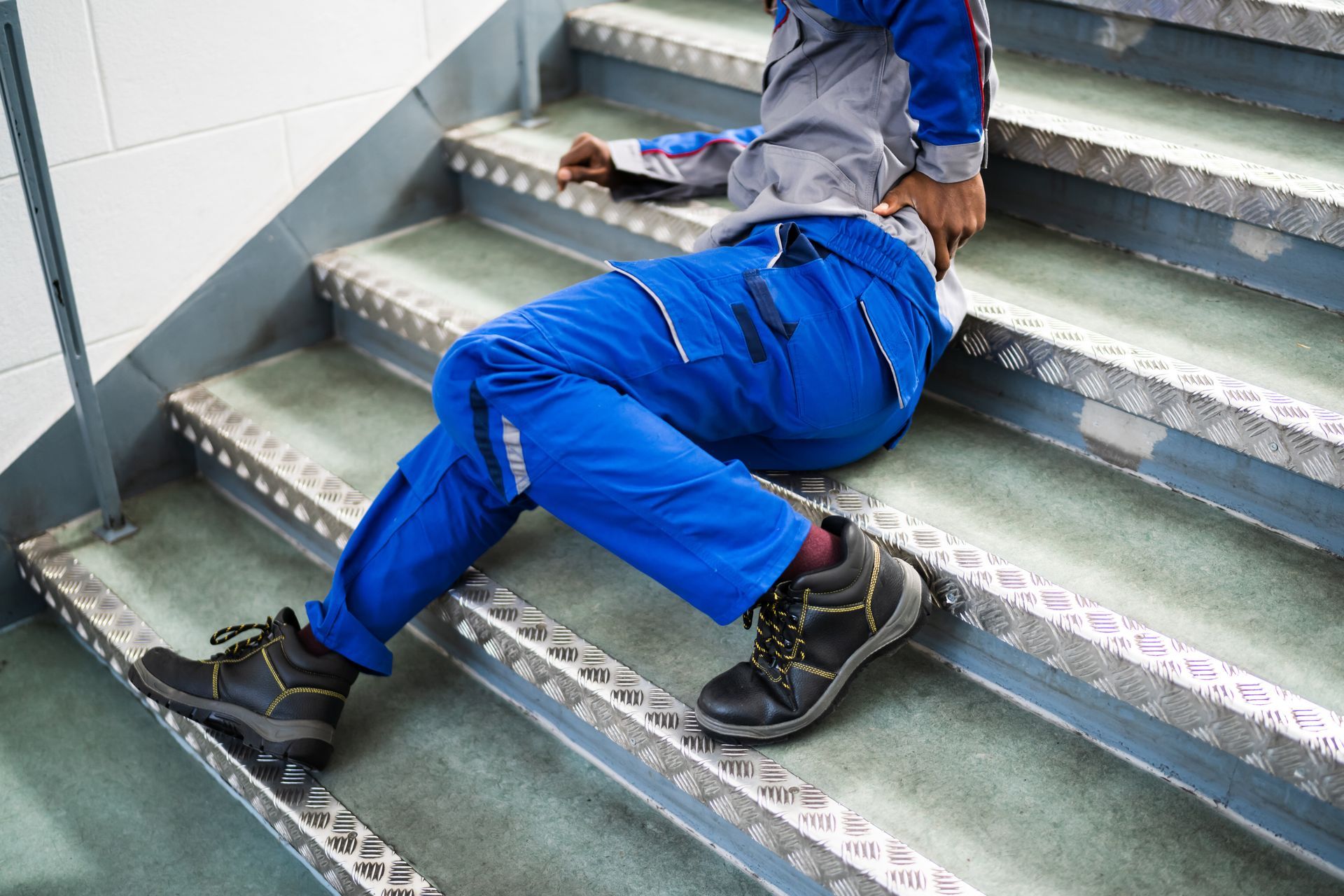 Person lying on a stairway after a slip-and-fall accident, illustrating workplace injury.