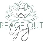 A logo for peace out yoga with a lotus flower and a peace sign.