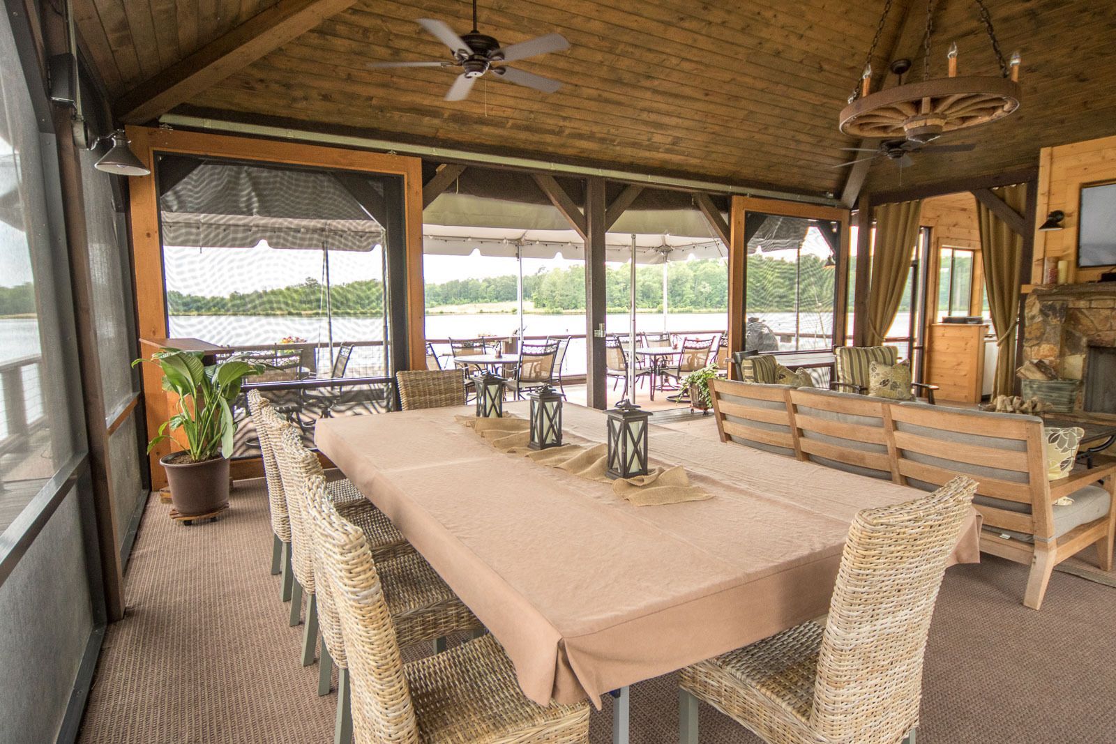 There is a long table and chairs in the room.