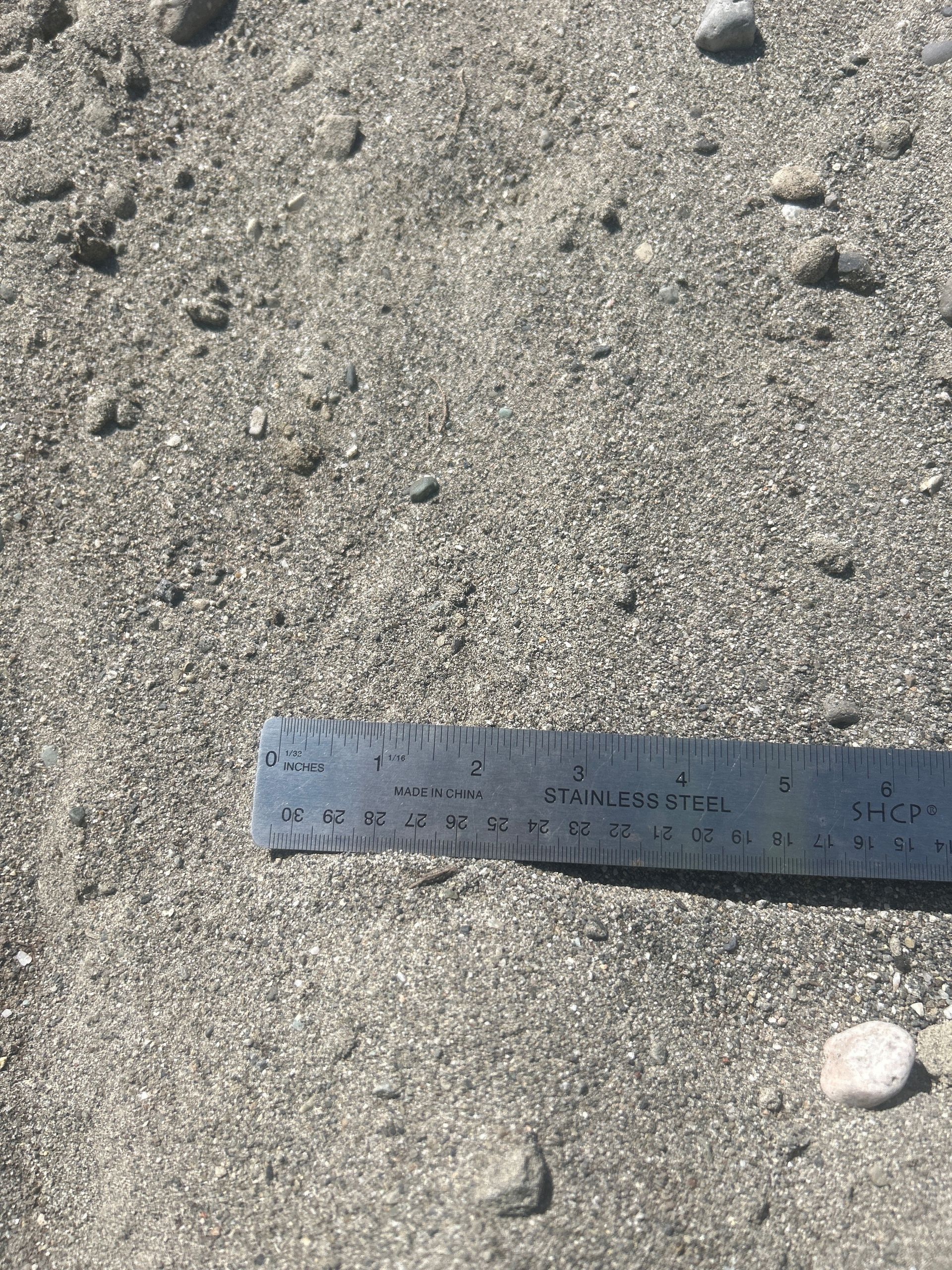 Close-up of gravel, with a metal ruler for scale.