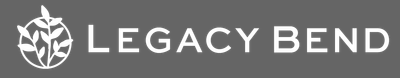 The logo for legacy bend is white on a gray background.