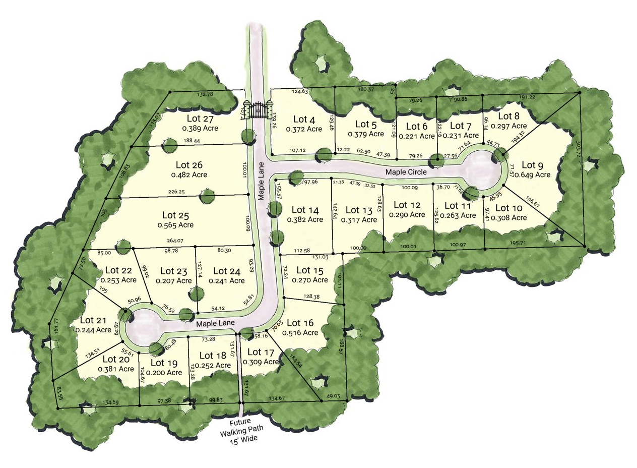 A map of a residential area with lots of trees