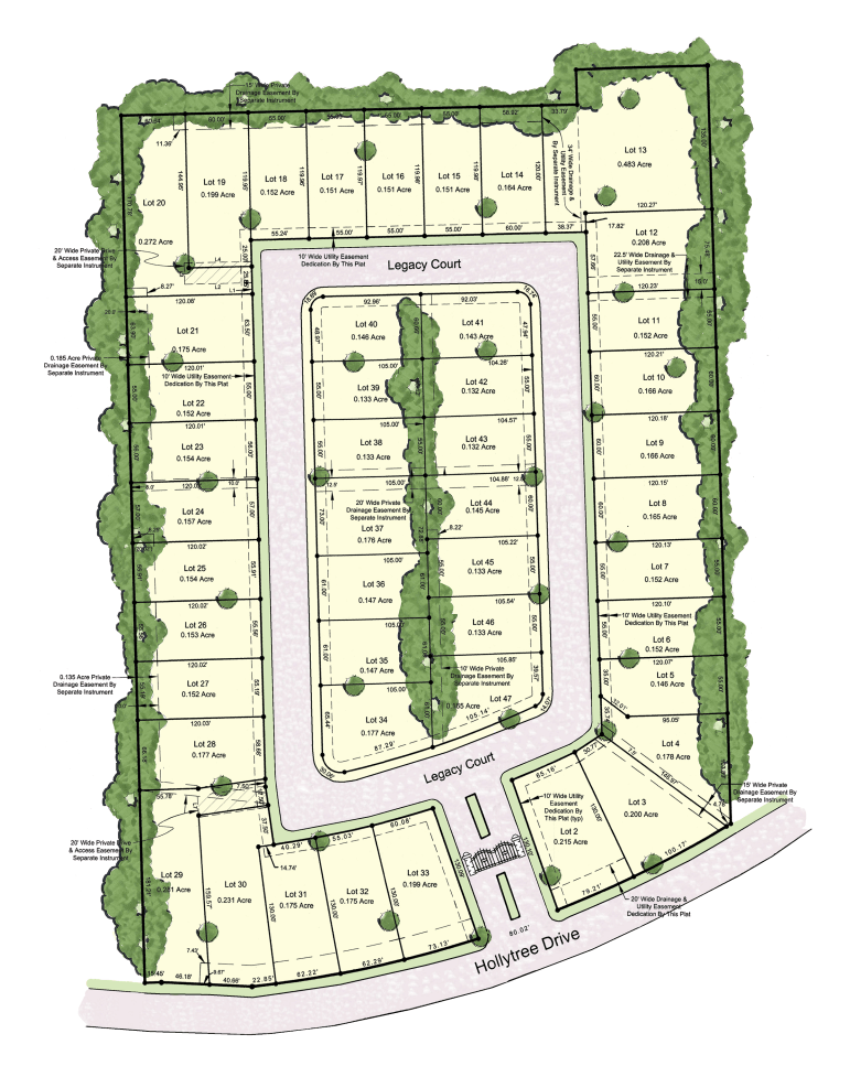A drawing of a residential development with lots of trees
