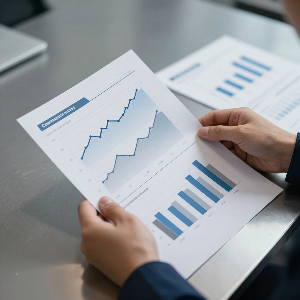 Manos sosteniendo un informe con gráficos de líneas y barras azules sobre un escritorio.
