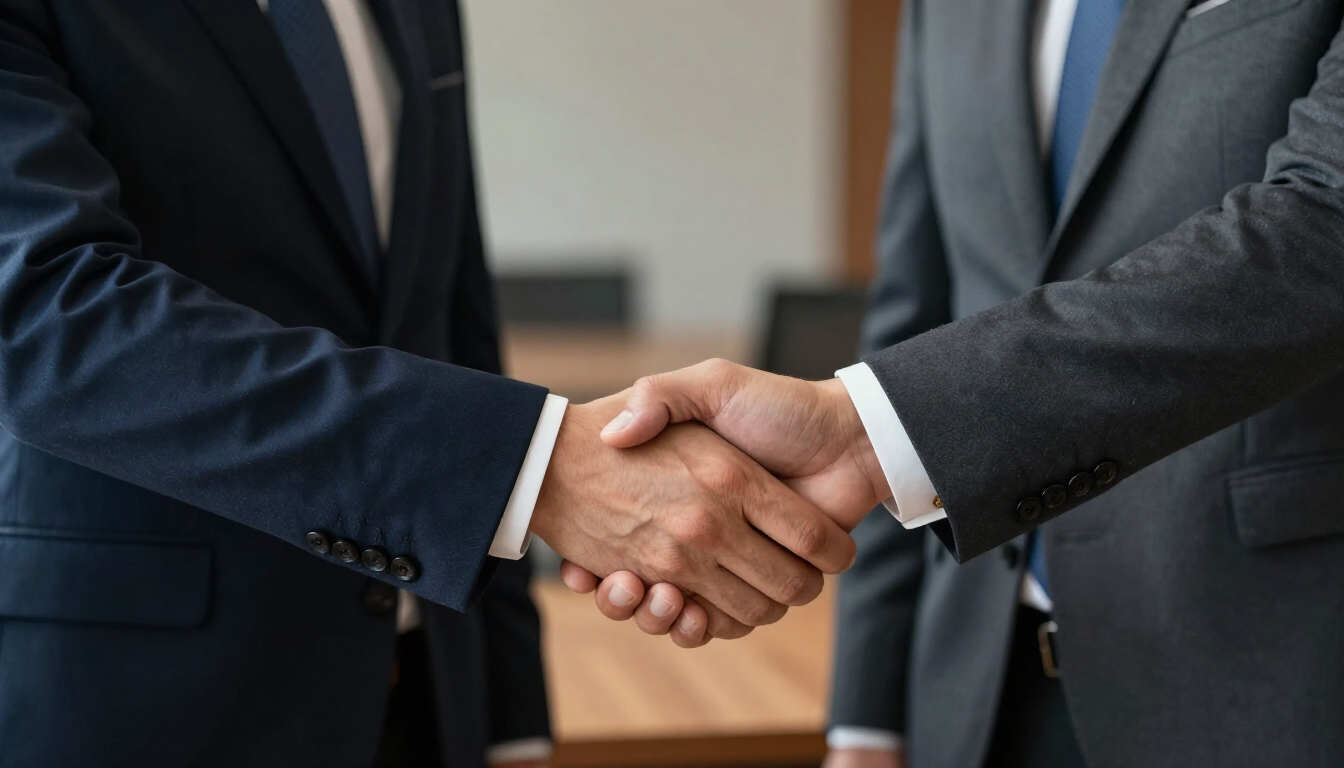 Dos hombres de negocios con traje dándose la mano en un entorno de oficina.