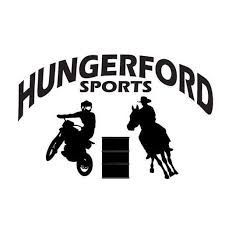 The logo for hungerford sports shows a man riding a motorcycle and a man riding a horse.