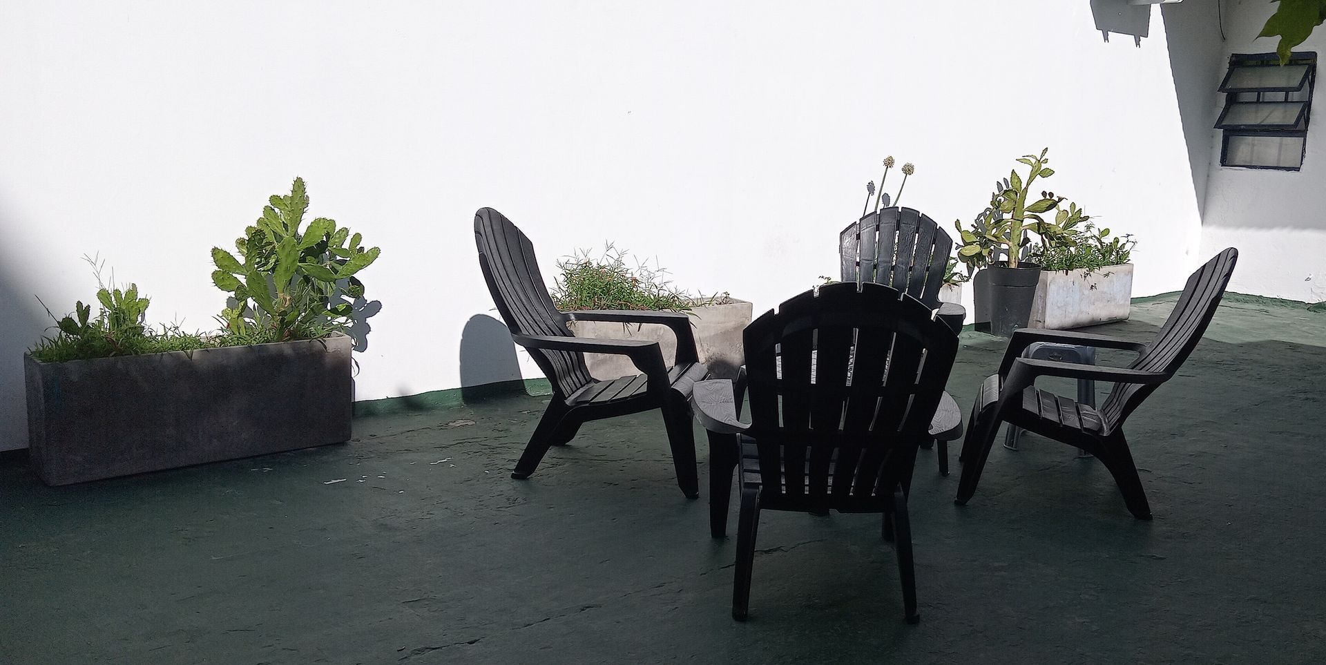 Patio exterior con sillas negras alrededor de una mesa, plantas en macetas y paredes blancas.