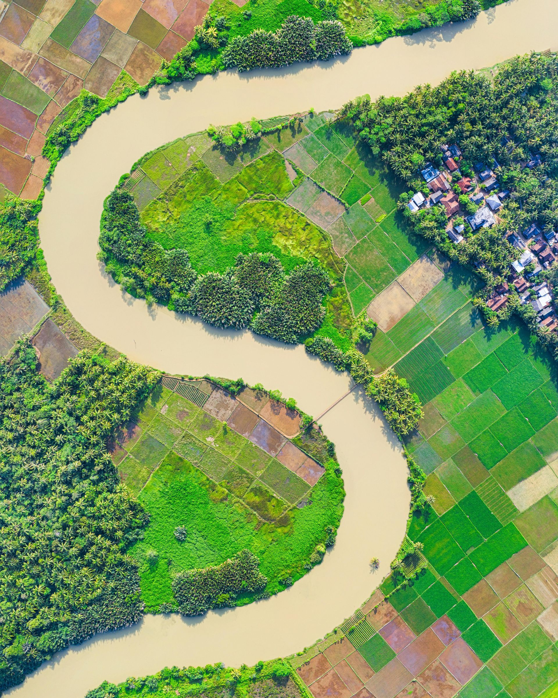 Aerial view of a winding river surrounded by green and brown farmland.