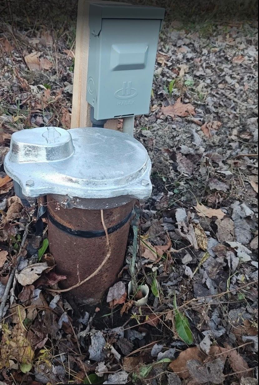 Blue hand water pump on a concrete pad in a grassy park area.