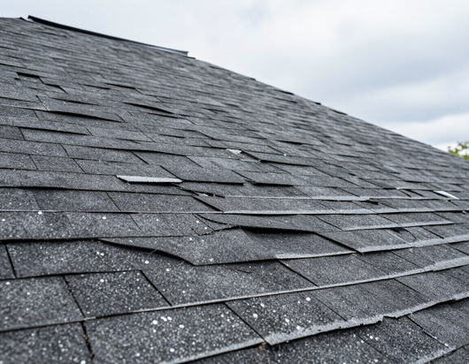 Close-up of a dark gray shingled roof with visible wear and scattered white specks