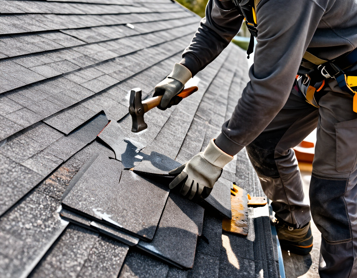 Roofing worker installing asphalt shingles on a sloped roof with a hammer and gloves