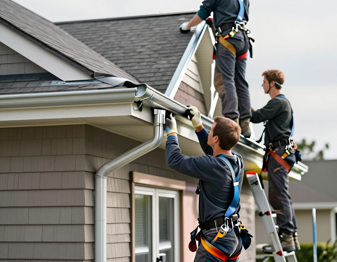 Three workers on ladders cleaning gutters on a suburban house roofline